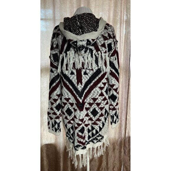 Vintage Aztec Knit Hooded Cardigan Open Front Sweater With Fringe Trim Boho Styl - Picture 2 of 11